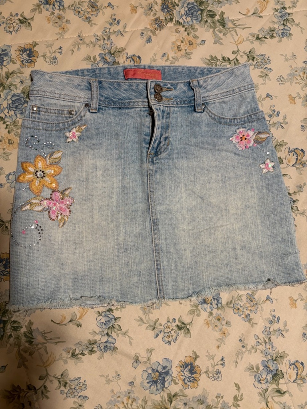 Light Wash Embroidered Denim Mini Skirt - Floral Detail